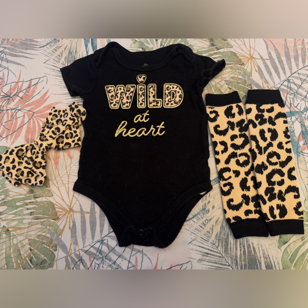 Baby Starters Black Onesie with Leopard Print bow headband and leg warmers